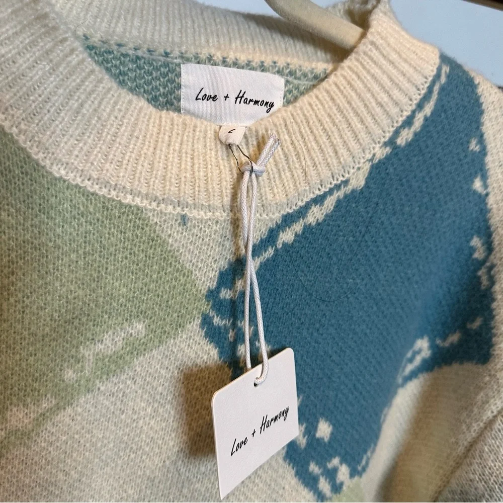 NWT Love & Harmony Argyle Sweater Cream/Teal Size M